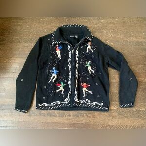 Vintage Erika Cardigan Sweater L Zip Up Ice Skaters Winter Christmas